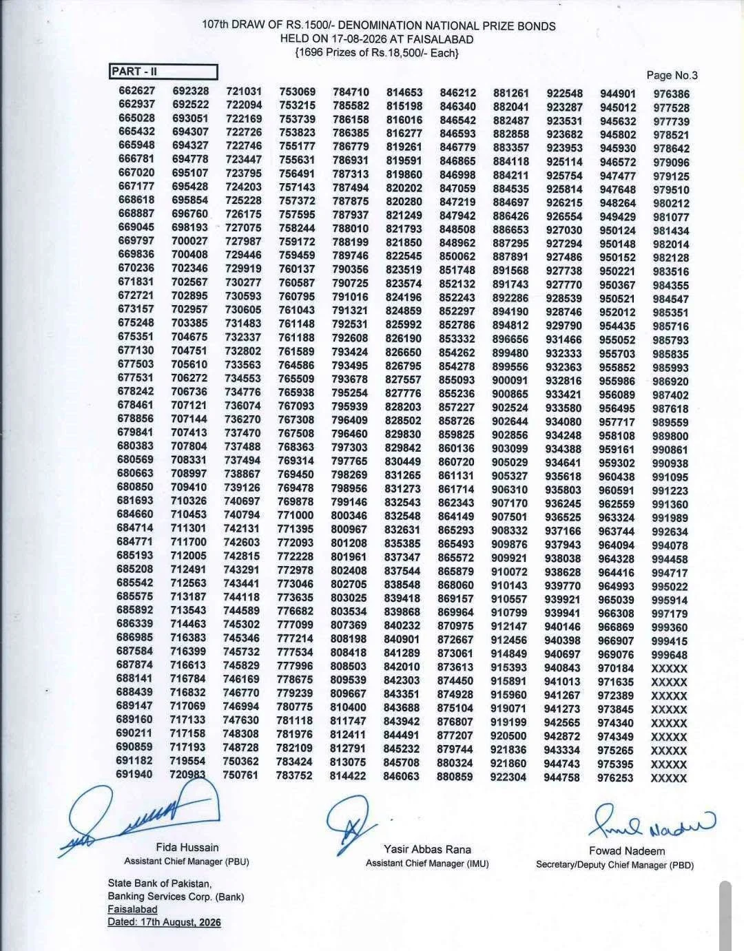 1500 Draw 107 Prize Bond Result 15 August 2026