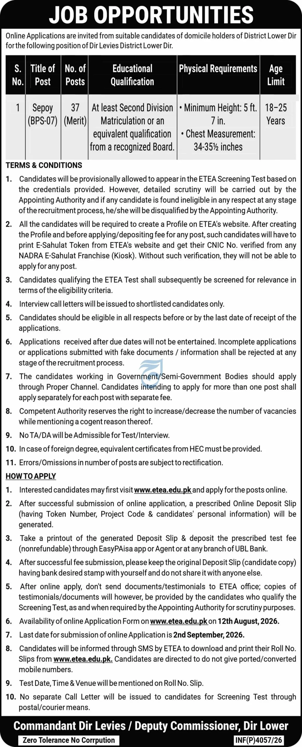 Govt Jobs In KPK Today For Sepoy