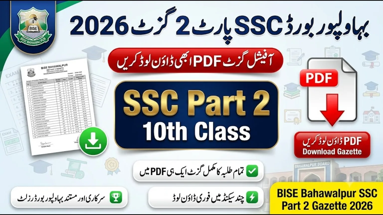 BISE Bahawalpur 10th Class SSC Part 2 Gazette 2026 Download