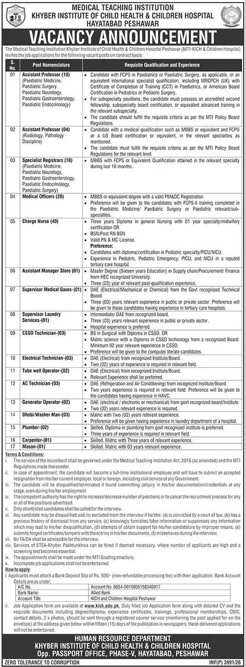 Govt Jobs In Peshawar Today At Khyber Institute of Child Health