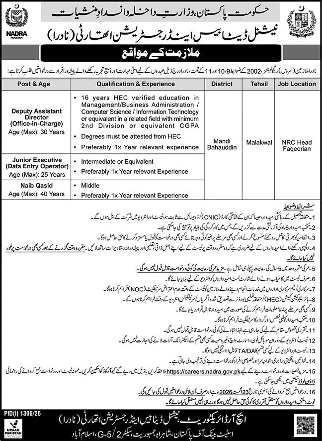 NADRA Jobs 2026 For Naib Qasid